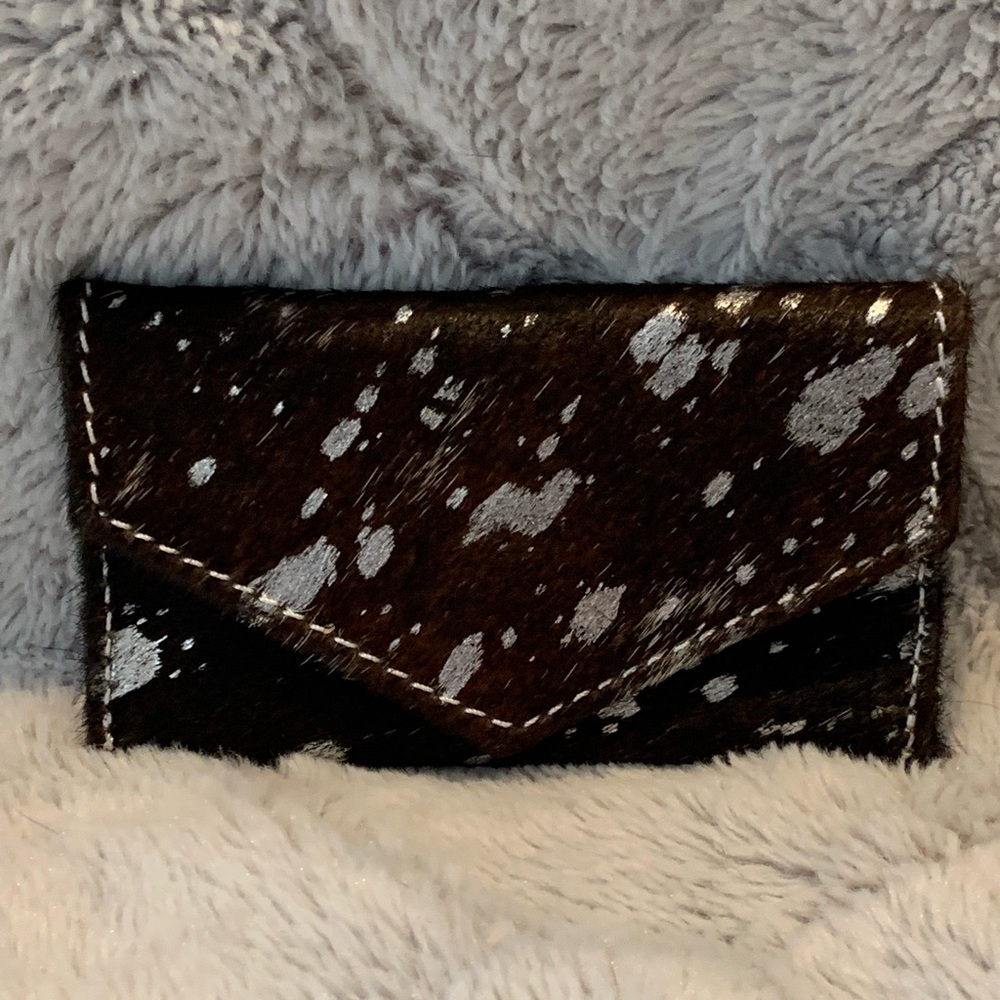 DK Brown hair on hide silver acid wash card holder.